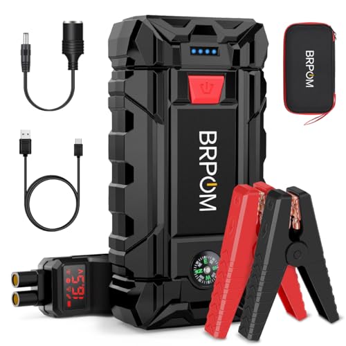 BRPOM Iniciador de carros, 6000A 26800 mAh iniciador de baterias de carro 12 V (para 10,0 l de gasolina ou 8,0 l de diesel), Jump Starter com carregamento rápido QC3.0, espera longa