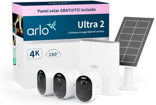 Arlo Ultra 2 Câmara de vigilância WiFi exterior 4K painel solar, câmara de vigilância WiFi interior, sensor de movimento, visão noturna cor, teste de arco seguro incluído, 3 câmaras, brancas