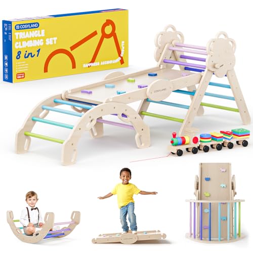 COSYLAND 8 em 1 triângulo de escalada Montessori com arco e rapa, conjunto dobrável infantil, brinquedo de madeira resistente para interiores, crianças 18 meses - 6 anos, cores frias, grande