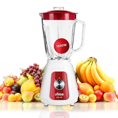 Ufesa BS4717 Ruby Red Liquidificadora de copo, potência máxima de 1500 W, jarro de vidro de 1,5 l, 2 velocidades + pulso, fecho ergonómico, pique gelo, 4 lâminas de aço inoxidável, livre de BPA,