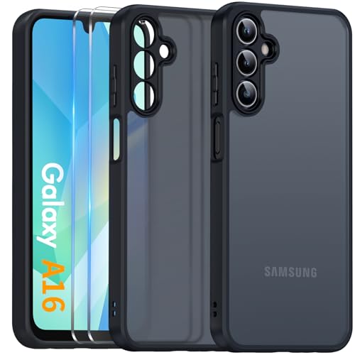 COPIKE Capa mate para Samsung Galaxy A16 4G / 5G e protetor de câmera, capa anti-impactos gelada translúcida, anti-impressões com 2 peças, vidro temperado, preto
