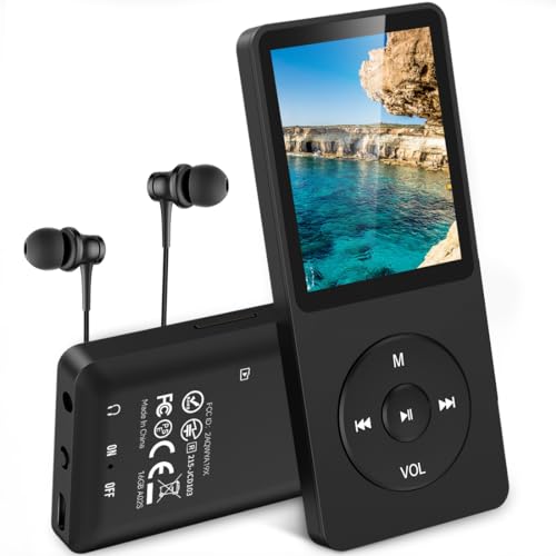 AGPTEK Leitor MP3 de 16 GB, ecrã de 1,8" com auriculares para leitor desportivo portátil, leitor de música som sem perdas, altifalante, rádio FM, vídeo, externo até 128 GB, preto