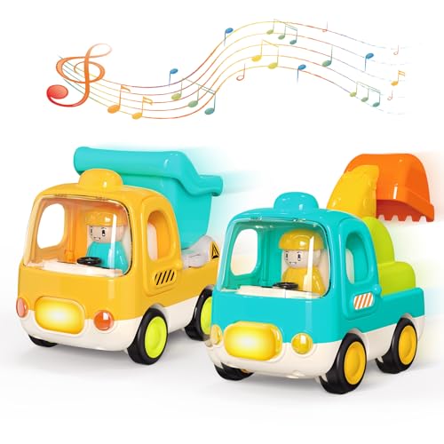 MOONTOY Carros para crianças de 1 a 2 anos, veículos de construção Push and Go para meninos e meninas de 12 3 anos, inclui escavadora e basculante com música e luzes, brinquedo de carro presentes para