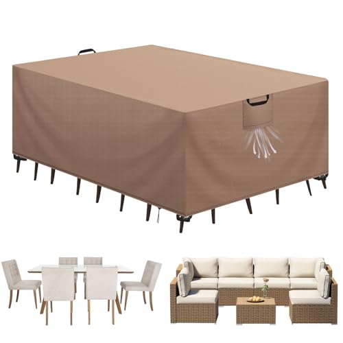 Aujink Capa mesa exterior impermeável, capa para móveis de jardim, cobertura para móveis de jardim, tecido Oxford 420D, anti-vento, anti-UV, capa protetora mesa exterior, caqui, 300 x 200 x 90 cm