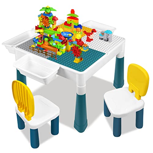 UISEBRT Mesa infantil com 2 cadeiras e 163 blocos de construção - conjunto de mesa multifuncional para crianças - mesa de atividades e trabalhos manuais