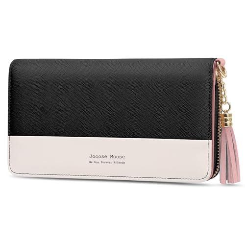 Jocose Moose Carteira mulher Leather Wallet grande capacidade com fecho de correr para mulher menina, carteira com 12 ranhuras para cartões com bolso para telemóvel (preto/branco), Preto, Clássico
