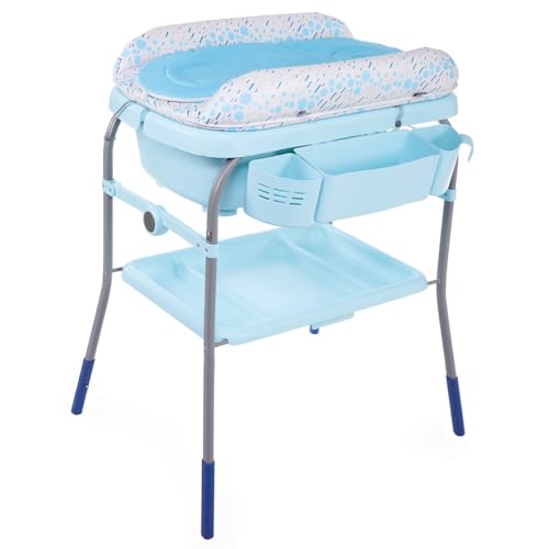 Chicco Cuddle & Bubble Banheira ergonómica para bebé com pernas e trocador com acolchoado e redutor suave, altura regulável, fecho compacto, organizador, oceano máx. 11 kg