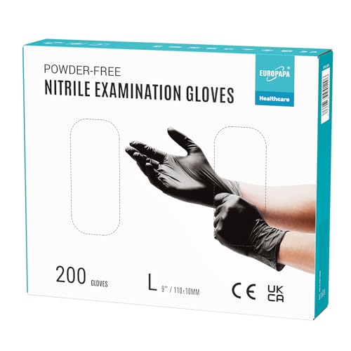 EUROPAPA® 200 Luvas de nitrilo descartáveis que cumprem as normas EN455 EN374, sem pó nem látex, luvas descartáveis disponíveis nos tamanhos S, M, L e XL (L, preto)