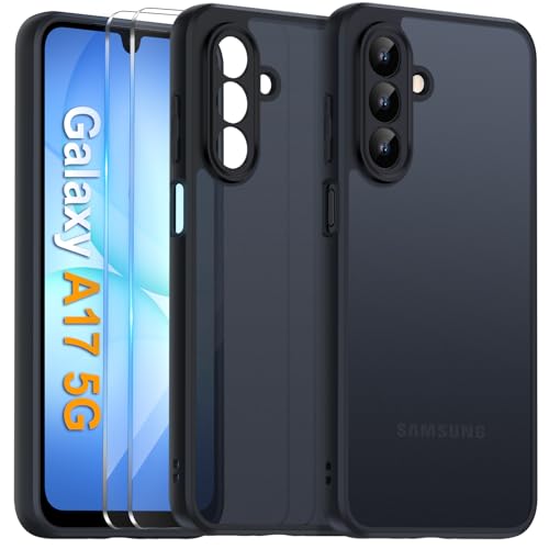 COPIKE Capa mate para Samsung Galaxy A17 4G / 5G e protetor de câmera, capa anti-impactos gelada translúcida, anti-impressões com 2 peças, vidro temperado, preto