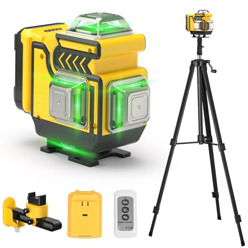 cjumel Nível laser 4 x 360 ° verde automático, 4D 16 linhas nível laser multifuncional níveis laser com 1,6 m tripé, controlo remoto, 5400 mAh bateria