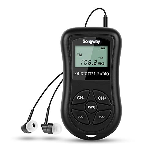 Mini bolso portátil rádio FM pessoal rádio DSP digital sintonização estéreo mini recetor com ecrã LCD auricular para caminhar, correr, conferências, guia turístico (preto)