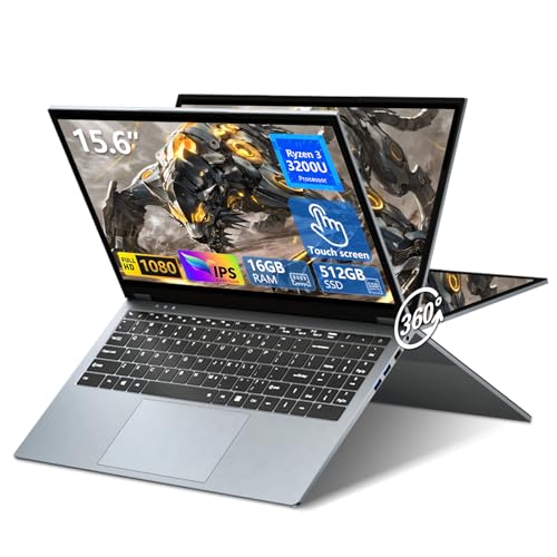 15,6 polegadas computador portátil 2 em 1, Ryzen 3 3200U processador 16 GB RAM 512 GB SSD portátil, PC ecrã portátil de 1080p, com RJ45, tipo C, USB 3.0, ultra fino e leve computador portátil