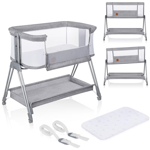 LIONELO Lua, berço de colecho portátil com colchão, berço de viagem, bebé co-Sleeping, desde recém-nascido até 9 kg. Altura e inclinação reguláveis, 4 rodas com bloqueio, ventilada