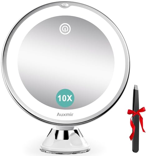 Auxmir Espelho de maquilhagem com luz LED, aumento de 10 x com ventosa forte, brilho regulável, giratório de 360 °, portátil para parede, casa de banho, viagem, depilação e sobrancelhas, branco