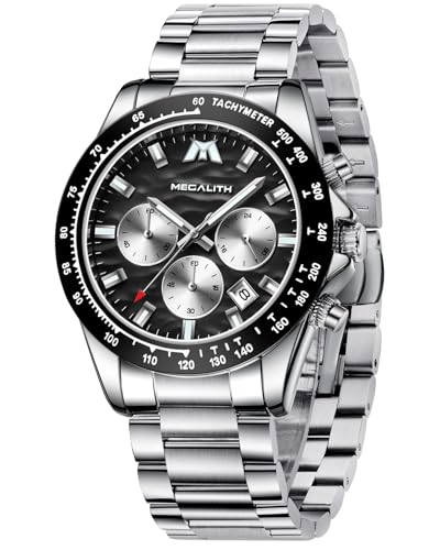 MEGALITH Relógio masculino analógico cronógrafo elegante relógio prata homem aço inoxidável com calendário relógio homem relógio homem pulseira homem quartzo