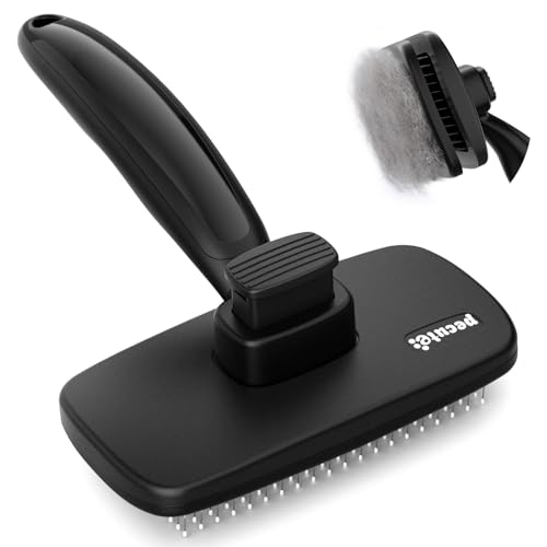 pecute Escova para cães gatos, pente para gatos pelo auto-limpeza, escova de gato para massagem com palhetas flexível de inoxidável para desembaraçar e pentear animais de estimação (preto, alargar)