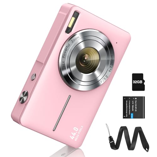 Câmara de fotos digital FHD 1080P 44 MP com cartão de 32 G, zoom digital de 16 x câmara digital portátil e simples para crianças, estudantes, adolescentes, principiantes, idosos (rosa)