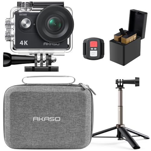 AKASO Embalagem de criador EK7000 câmara desportiva 4K WiFi 20 MP, bolsa de armazenamento para câmara de ação, câmara aquática submergível com 60 cm bastão selfie com 2 baterias