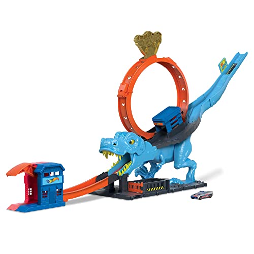 Hot Wheels City Desafio do T-Rex pista para carros de brinquedo com lançador, inclui 1 veículo, + 5 anos (Mattel HNP77)