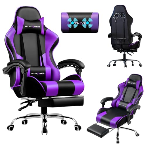 LUCKRACER Cadeira de jogos com massagem ergonómica, apoios para os pés e apoios de cabeça retrátil | suporte 150 kg, escritório e casa, roxo