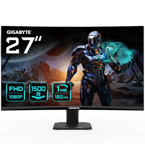 Gigabyte GS27FC Monitor de jogo curvo FHD de 27", 1920 x 1080, 1500R, 180Hz, 1 ms, 250 CD/m², FreeSync Premium, HDR Ready, HDMI 2.0, Displayport 1.4