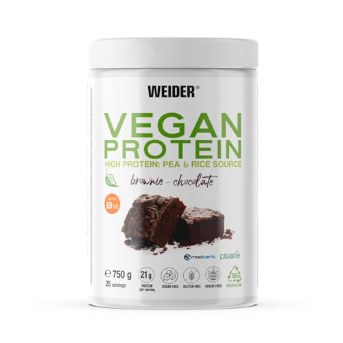 Weider Vegan Protein (750 g) sabor castanho-chocolate. Proteína vegana 21 g/dose isolada ervilha (Pisane) e arroz. Vitamina B12 e Stevia. Sem glúten, sem açúcar. Bote 50% reciclado, 100% reciclável