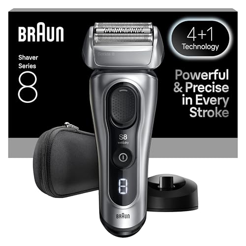 Braun Máquina de barbear elétrica homem série 8, máquina de barbear a seco e molhada com cabeça de precisão e aparador, 60 min de uso, base de carregamento e estojo de viagem, 8617S, prata