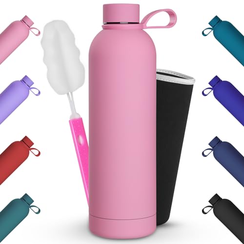 Geepen Garrafa térmica 750 ml garrafa de água aço inoxidável com escova bolsa portátil suporte para garrafa de água desportiva para acampar, escola, desportos, ginásio, rosa