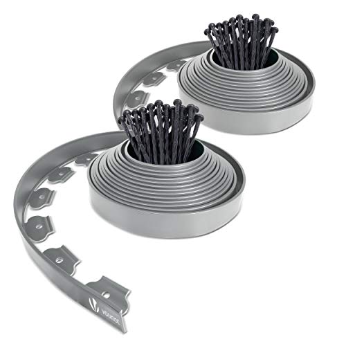 VOUNOT® Borda do jardim, relva, borda flexível, plástico, comprimento 20 m, altura 5 cm, com 60 pinos, cinzento