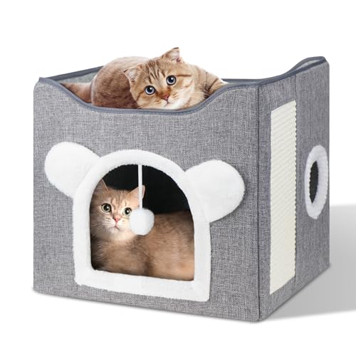 FURJOY - Cama interior para gatos (41,9 x 41,9 x 33 cm), design de gato grande com bola esponjosa pendurada e tapete para arranhões, esconderijo dobrável para gatos