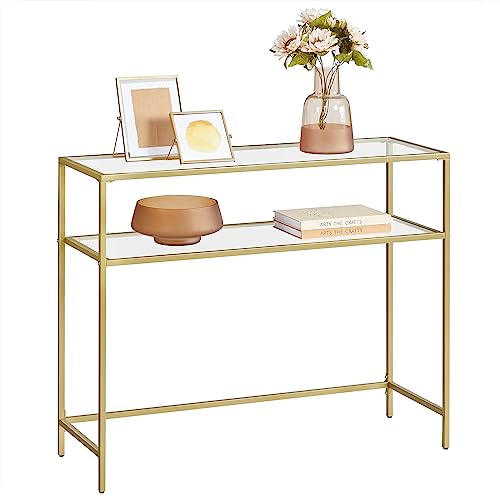 VASAGLE Mesa de consola, mesa de entrada, extremidade do sofá, placa de vidro temperado, armação de metal, pernas ajustáveis, para sala de estar, entrada, corredor, dourado e transparente LGT025A01