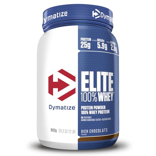 Dymatize Elite 100 % Whey Rich Chocolate 932 g - Pulverizador de almofada adequada e baixo açúcar proteína de soro e BCAA