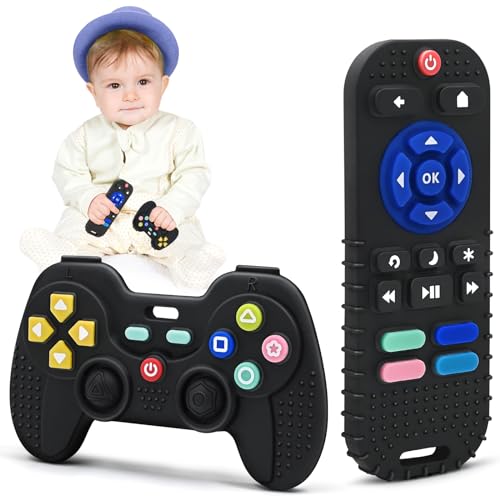 Mordedor bebé de 6-12 meses, brinquedos para a dentição para bebés 3 6 9 12 meses presente, dentição grau alimentar silicone brinquedos bebé mordedor refrigerante (preto + preto)