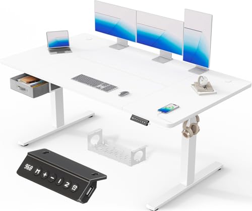 Devoko 160 x 80 cm mesa elétrica elevável com gavetas, mesa regulável em altura de carregamento USB-A, mesa de secretária elevável de gestão de cabos e lembrete de postura sentada, branco
