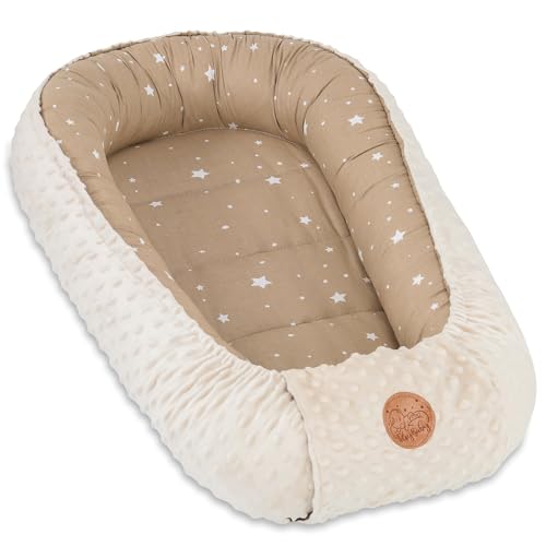 Ninho bebé recém-nascido 90 x 50 cm - redutor berço cuco de colecho minky winter quente casulo ideal para moisés, gôndola e viagem bege com estrelas brancas