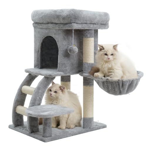 Heybly Árvore de raspador para gatos, 75 cm de altura torre para gatos com plataforma superior, toca, rede, escada para reparo, brinquedos para gato, cinzento claro HCT009SW