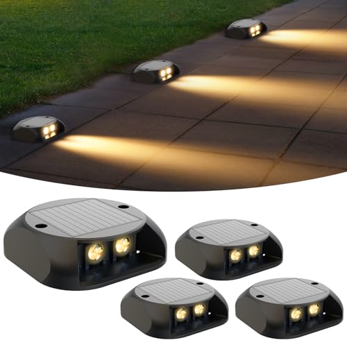 Quntis Luz solar para escadas exteriores, 4 peças, 3000 K luz solar exterior jardim chão IP65 impermeável, candeeiro solar para jardim, cobertura pátio, terraço, escadas, branco quente