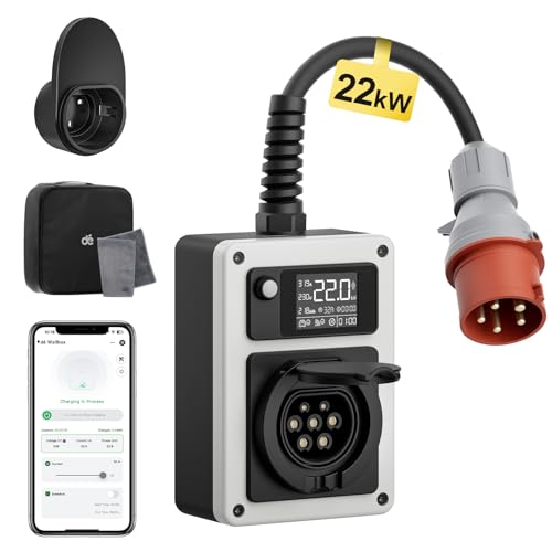 dé Estação de carregamento EV 22 kW 32A, carregador Wallbox com tomada CEE e conector tipo 2, carregador de carro elétrico com adaptador de energia e cartão RFID, para modelo Y/3, GLC/A250 e outros VE