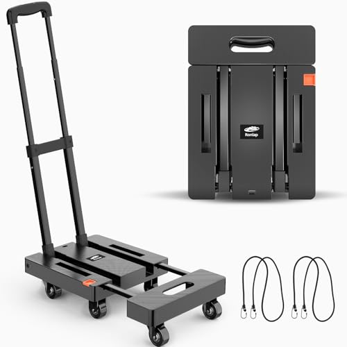 Ronlap Carrinho dobrável, carrinho de transporte dobrável com 2 cordas extensíveis - capacidade de carga 225 kg suporte para copos com 6 rodas área de carga extra grande, preto