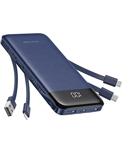 Charmast Power Bank 10000 mAh com cabos integrados, carregador portátil USB C 5 V/3 A Powerbank LED Display com 6 saídas e 3 entradas para iPhone, Huawei, Xiaomi (azul)