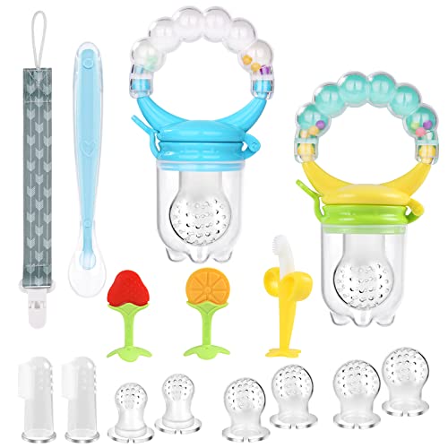 Vicloon Alimentador anti-afogamento de fruta, 2 peças chupeta de fruta para bebé, chupeta com clipe, 6 tetinas de silicone em 3 tamanhos, 2 escovas de dedo, 3 mordedores e uma colher, brinquedo para