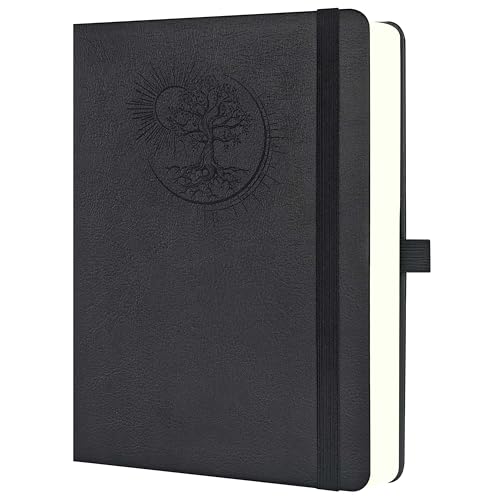 Mlife Livre A5 com design da árvore da vida: 360 páginas, papel de 100 g, capa de PU, elástico, suporte para lápis e 3 marca-páginas. Ideal para trabalhar, estudar e oferecer (preto)