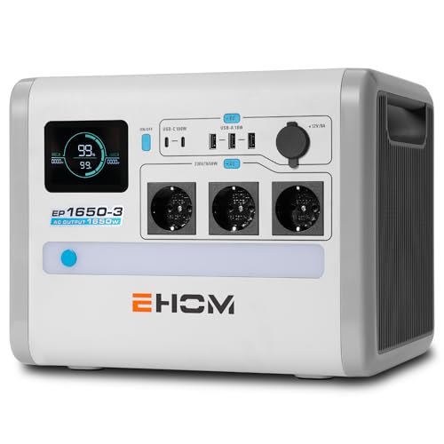 EHOM Estação de energia portátil, EP1650 1024 Wh LiFePO4 EVE, gerador solar, suporte de 230 V AC/DC/USB, 1650 W (ponta de 2700 W), fonte de alimentação móvel como fonte de alimentação de