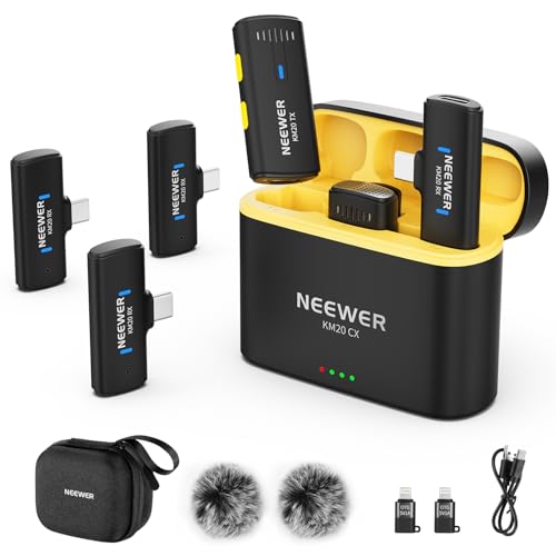 NEEWER Sistema microfone lapela sem fios compatível com iPhone Android computador PC computador portátil tablet, mini clip on laptop Mic Set com 2 transmissores USB C/4 recetores/adaptador OTG, preto