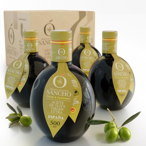 Azeite de azeitona virgem extra em percal com corni pack premium 4 x 500 ml garrafa de vidro AOVE SANCHO Gourmet intenso aromático colheita precoce primeira extração a frio origem Espanha DOP a