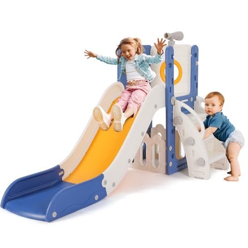 Escorrega infantil, escorrega para crianças, 4 em 1, escorregas independentes, escorrega infantil interior e exterior, com escorrega comprida, escalada, telescópio de jogo, armazenamento, carga 60 kg,