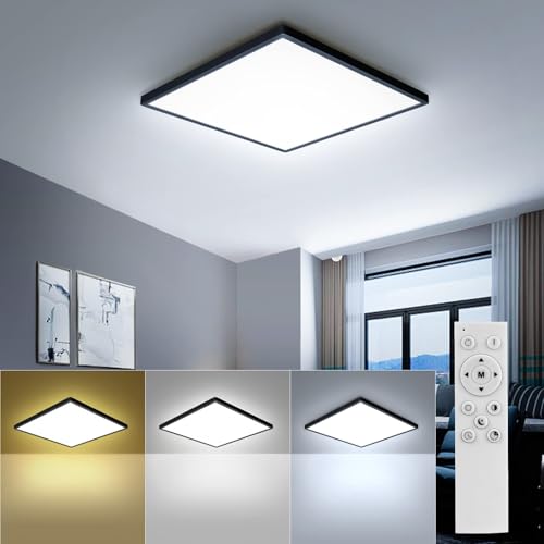OTREN Plafão LED teto regulável, 3000-6500 K candeeiros de teto com controlo remoto, IP44 luz LED moderna para quarto casa de banho, cozinha, sala de estar, quadrada, 30 cm, preto