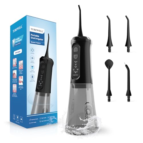 TUREWELL Irrigador bucal portátil de 310 ml com 5 modos, 4 bicos, irrigador dentário recarregável IPX7 impermeável para casa e viagens, melhora a saúde dentária