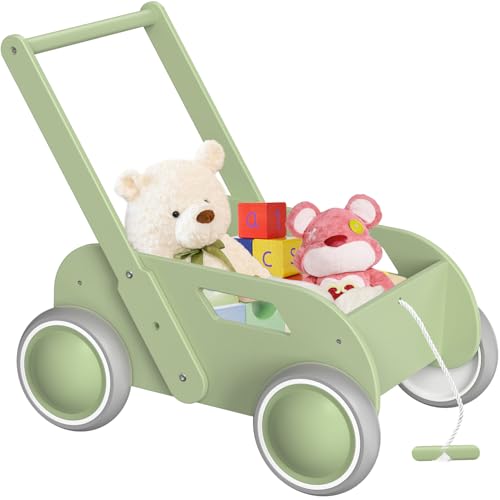 Andador de madeira para bebé, caminhador bebé para meninos e meninas, enfermeiros para bebés com espaço de armazenamento, presente de aniversário de Natal, verde