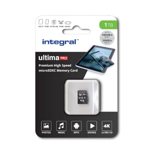 Integral 1TB microSD Card Premium de alta velocidade cartão de memória vídeo 4K - até 100 MB/s leitura e escrita de 50 MB/s, UHS-I, U3, classe 10, A1 desempenho para App - Smartphones, tablets, Drones